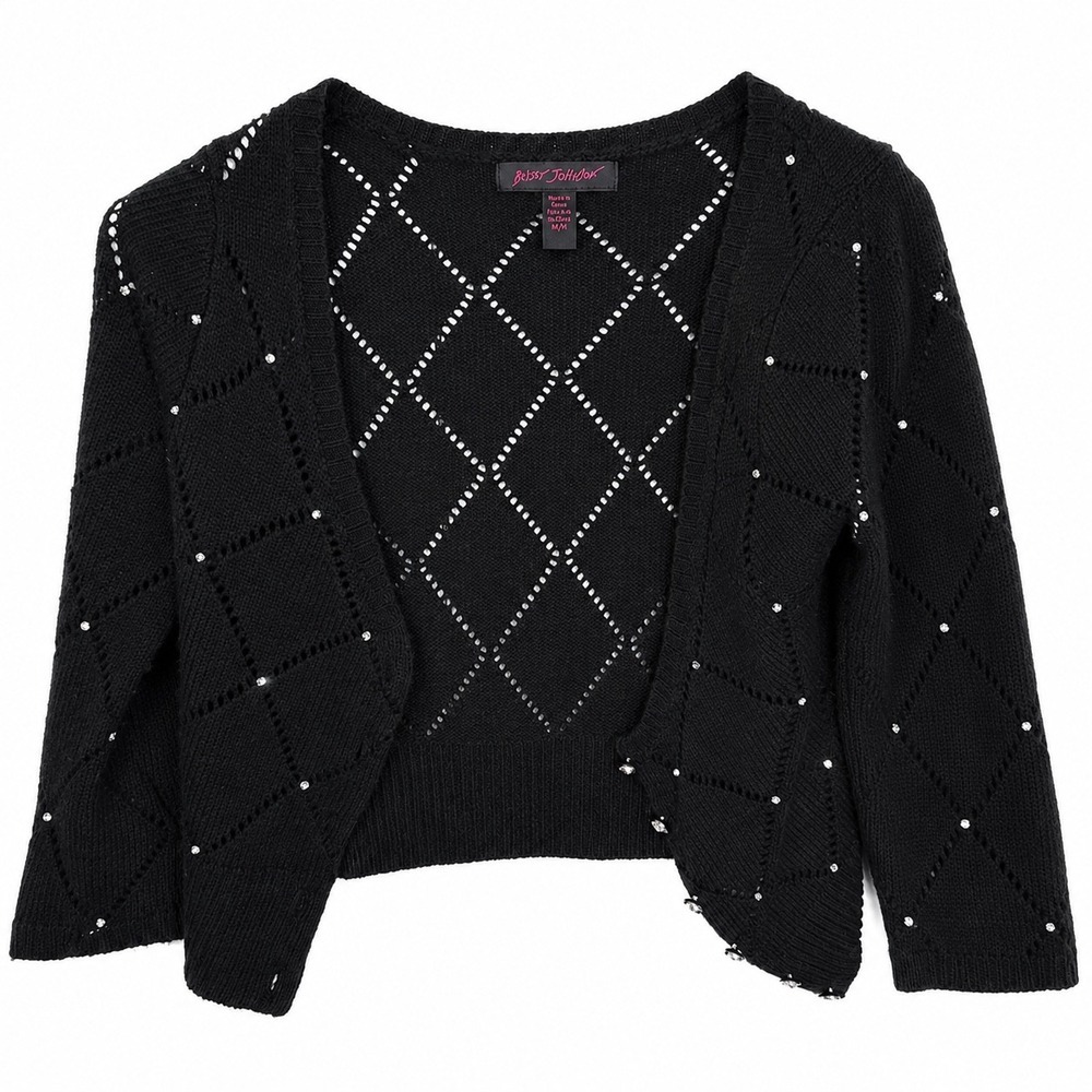 Betsey Johnson Black Cropped Cardigan M Rhinestone Argyle Knit 3/4 Sleeve Y2K - Picture 4 of 4